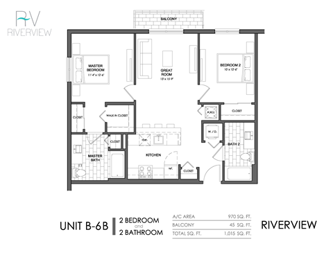 Floor plan for 2 beds, 2 baths, 1015 sqft